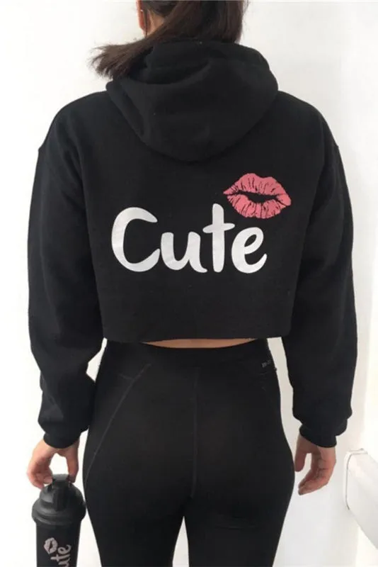 Back Letter Print Lip Drawstring Hooded Crop Top Short Hoodie