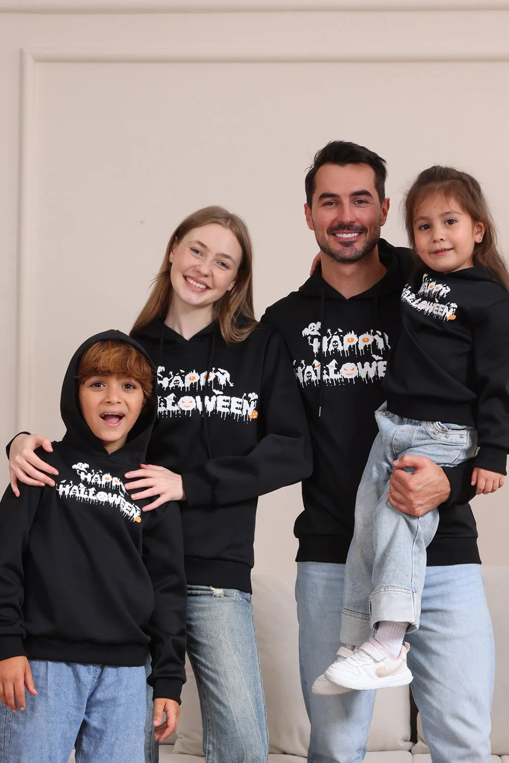 Black Halloween Text Print Hooded Family Sweatshirts