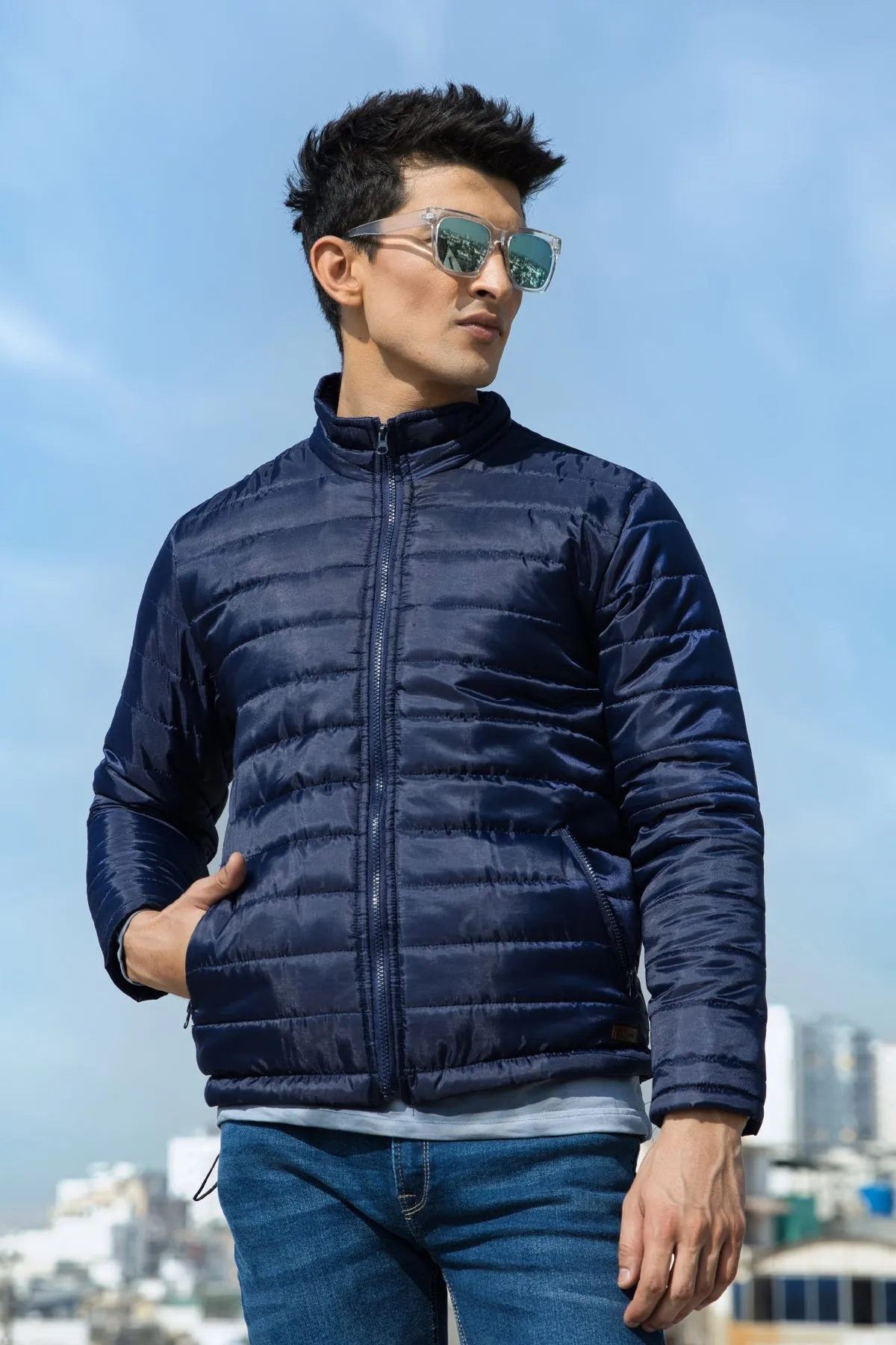 Blue Horizontal Quilt Puffer Jacket - W22 - MJ0006R