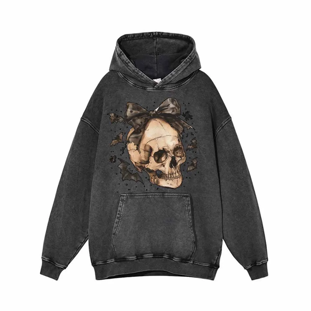 Bow Knot Skull Vintage Washed Hoodie Sweatshirt