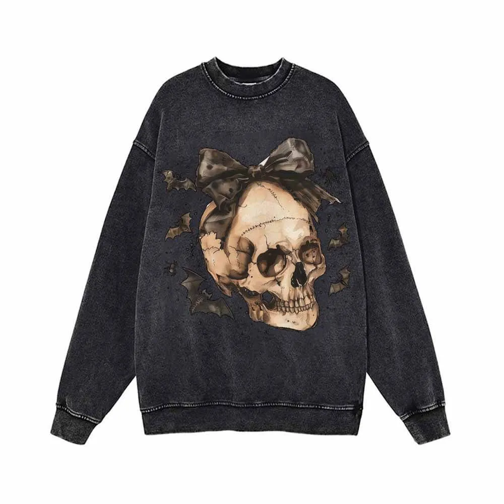 Bow Knot Skull Vintage Washed Hoodie Sweatshirt