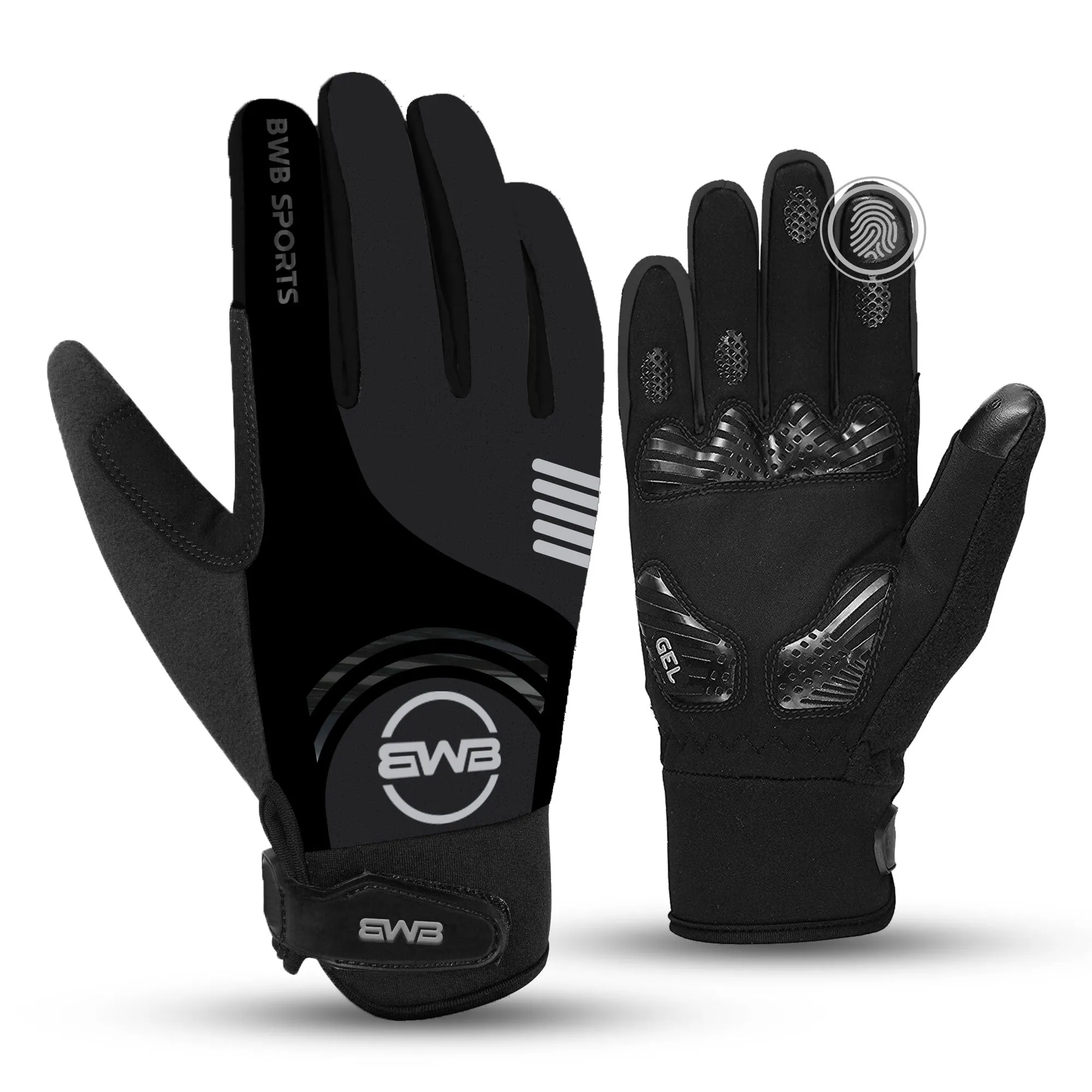 BWB Black Full Finger Gel Padded Winter Cycling Gloves