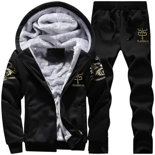 Causal Tracksuits Men Set hooded Thicken Fleece Hoodies   Sweatpant 2019 Winter Spring Sweatshirt Sportswear Male Letter Print