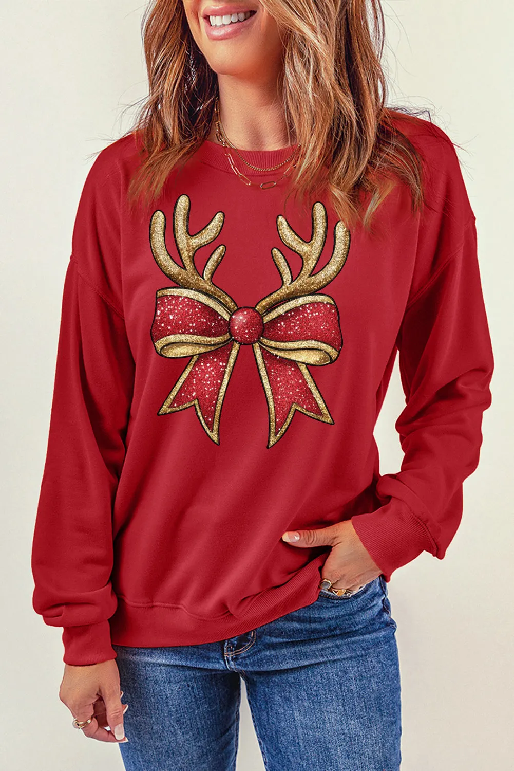 Christmas Wacky Cat String Lights Print Crew Neck Pullover Sweatshirt