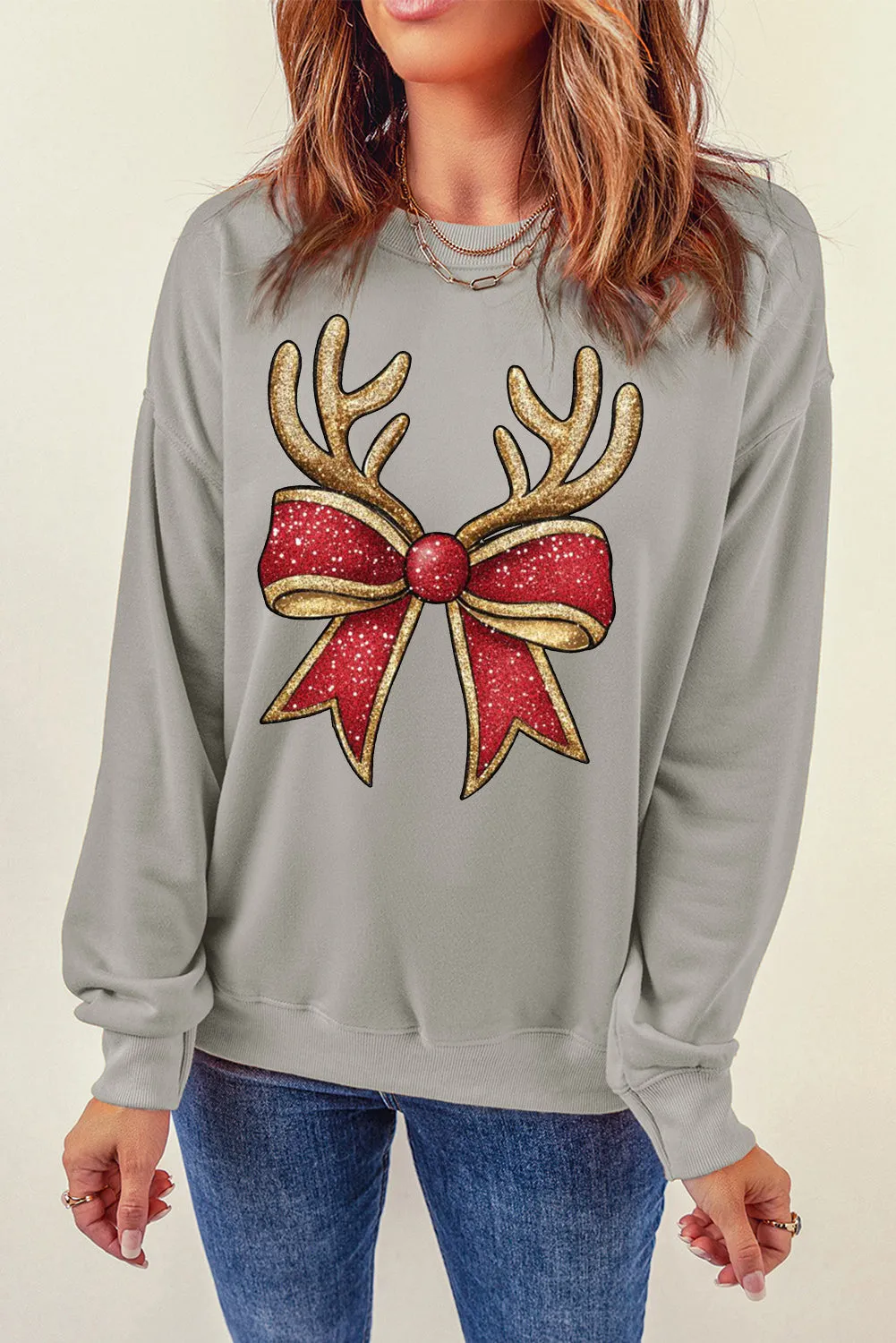 Christmas Wacky Cat String Lights Print Crew Neck Pullover Sweatshirt