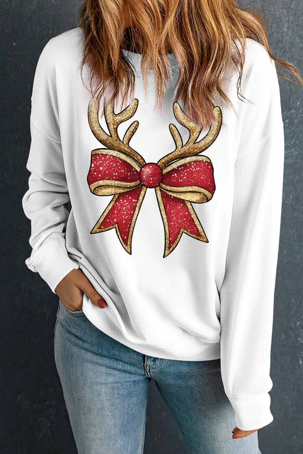 Christmas Wacky Cat String Lights Print Crew Neck Pullover Sweatshirt