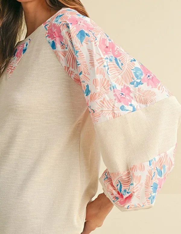 cotton Ribbed Floral Stitch Balloon Pull Over