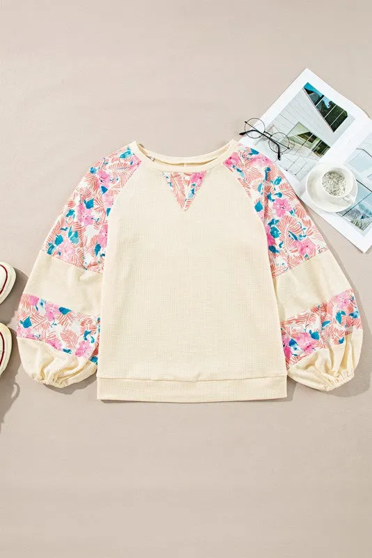 cotton Ribbed Floral Stitch Balloon Pull Over