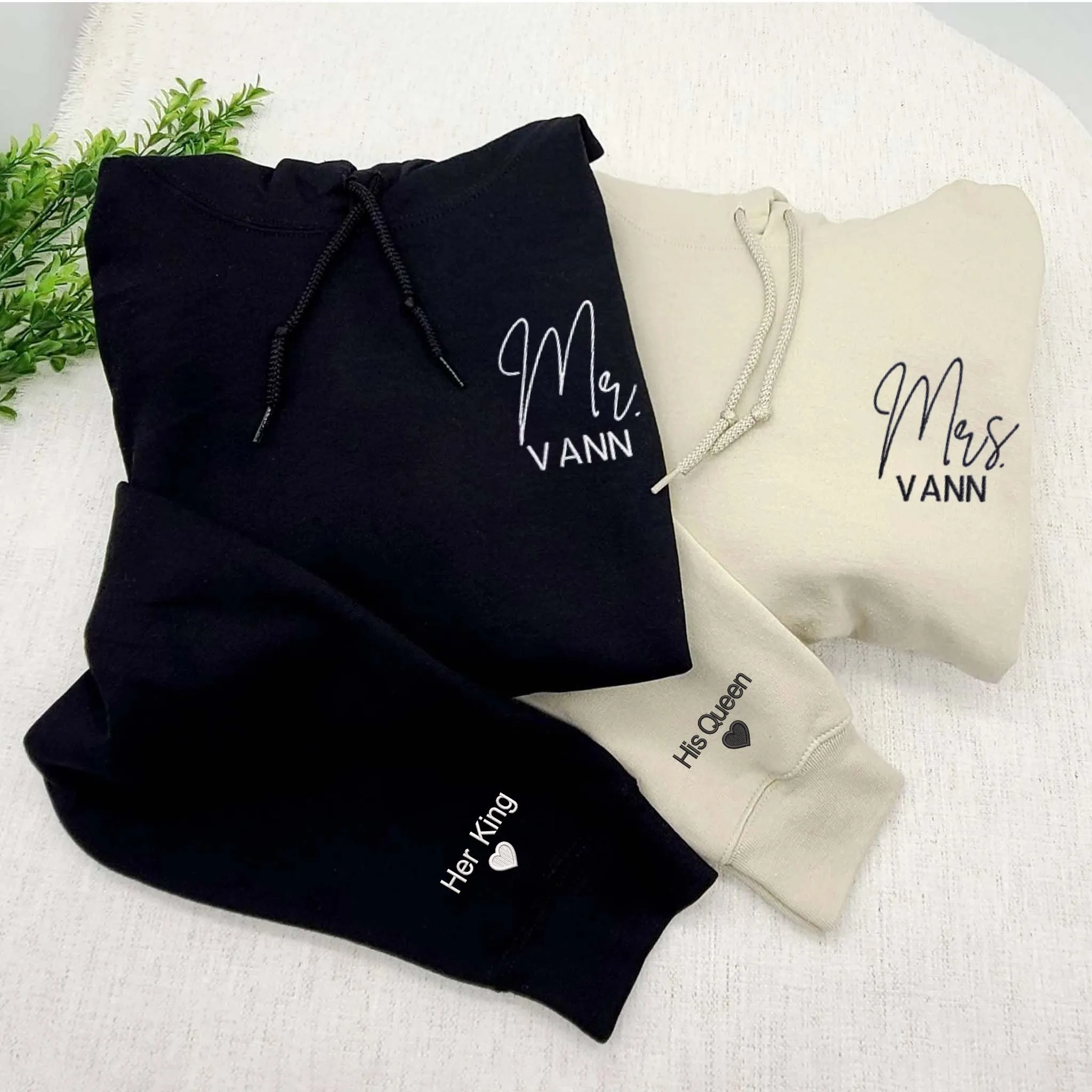 Custom Embroidered Mr and Mrs Hoodie With Icon On Sleeve, Mr And Mrs Gift Ideas