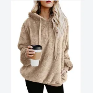 Fluffy Plain Color Drawstring Wholesale Women Hoodie