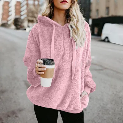 Fluffy Plain Color Drawstring Wholesale Women Hoodie