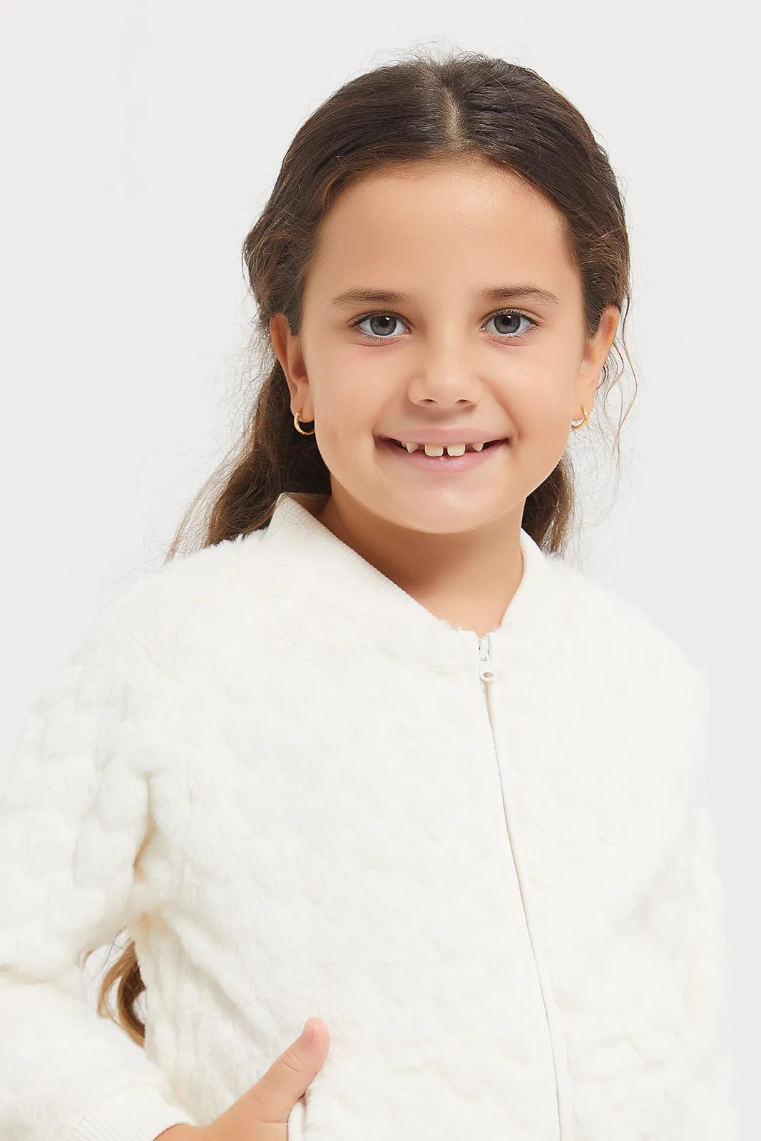 Girls Beige Sweatshirt With Front Zipper