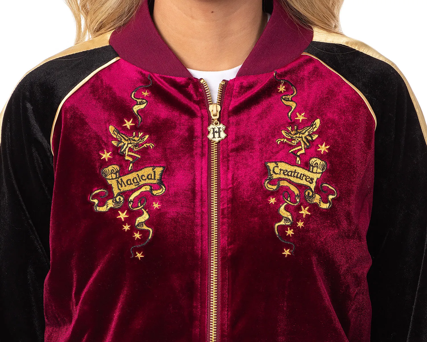 Harry Potter Womens' Magical Creatures Bomber Velour Zip-Up Jacket