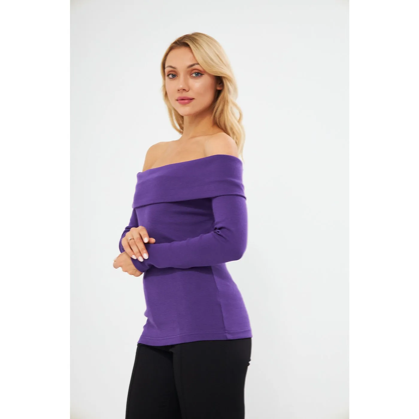 Jacksons Purple Rib Off-Shoulder Top