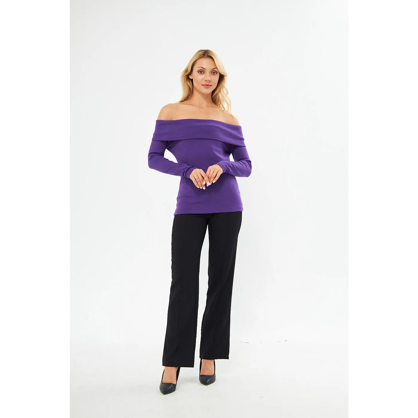 Jacksons Purple Rib Off-Shoulder Top