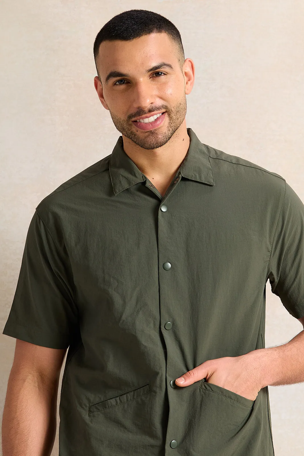 Men Olive Solid Lounge Shirt