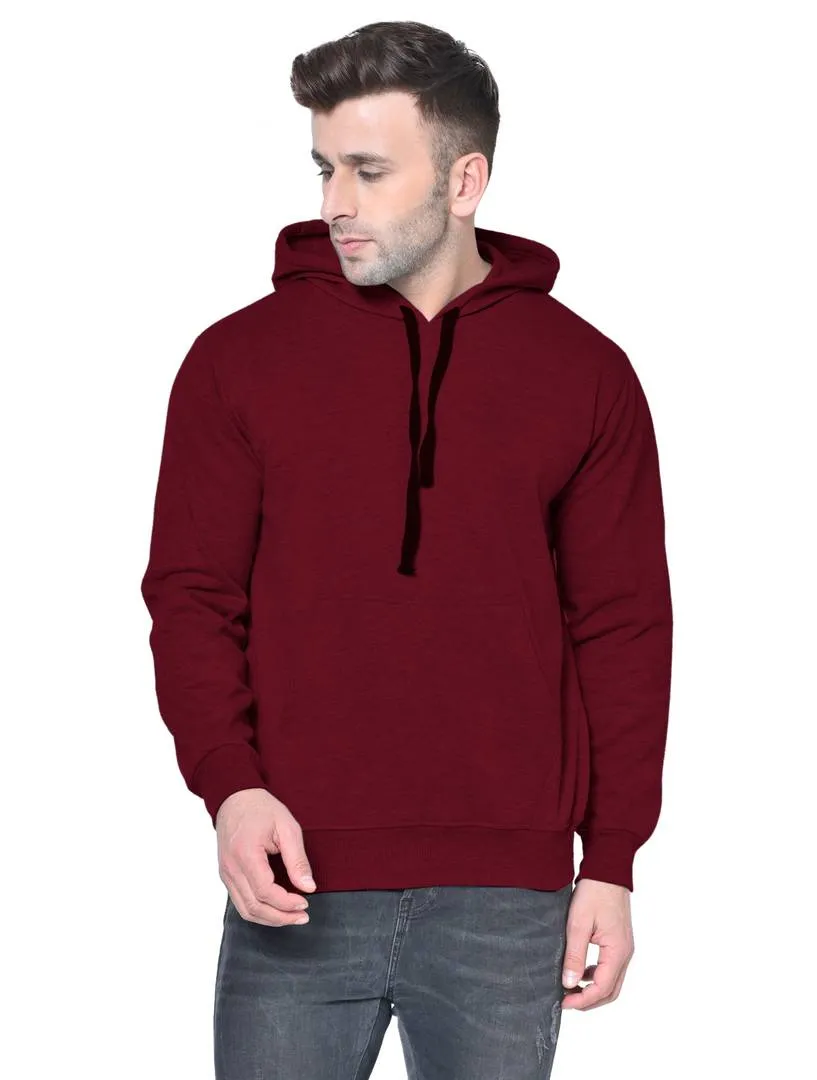 Men's Maroon Solid  Fleece  Hooded Sweatshirt