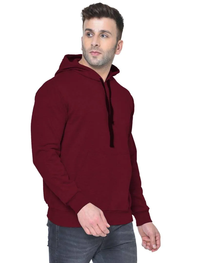 Men's Maroon Solid  Fleece  Hooded Sweatshirt