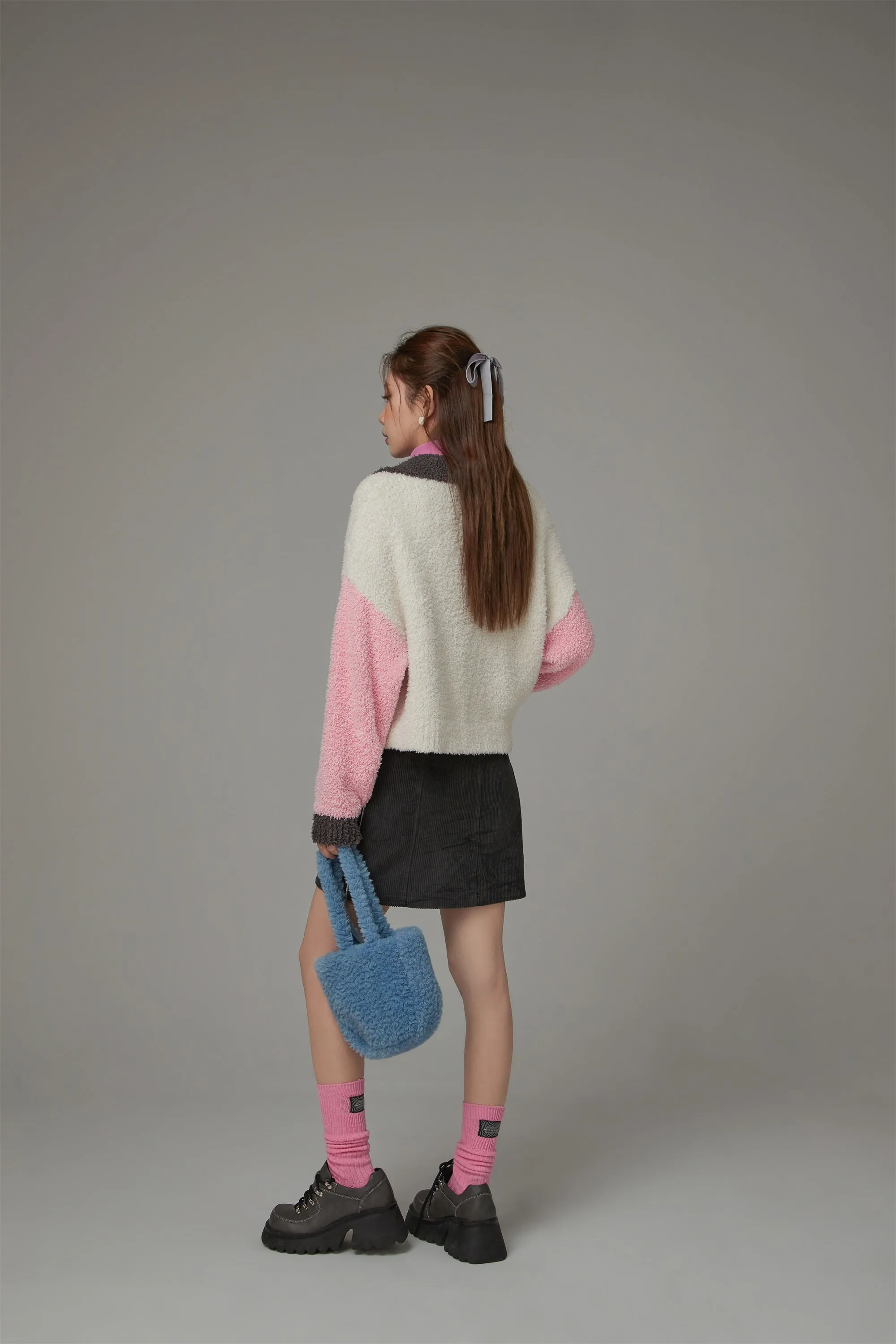 Multi Color Fluffy Half-Zip Knit Sweatshirt