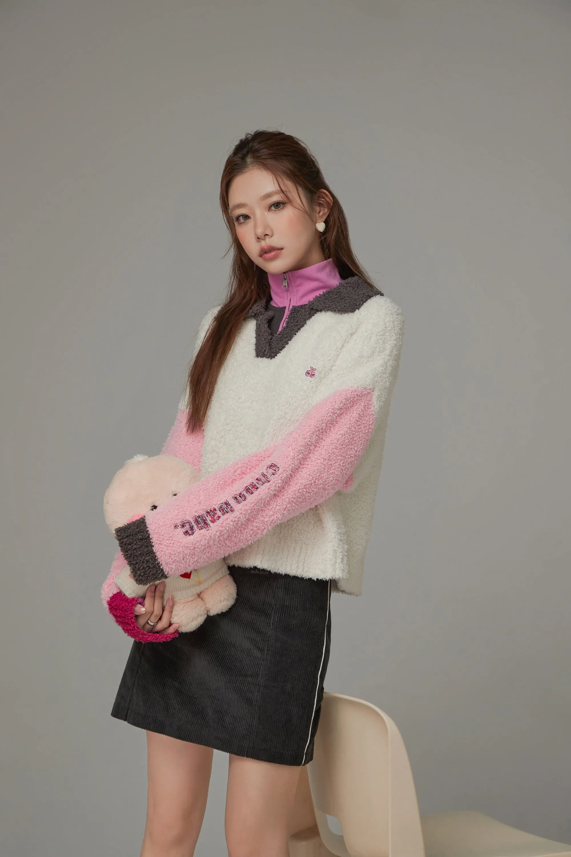 Multi Color Fluffy Half-Zip Knit Sweatshirt