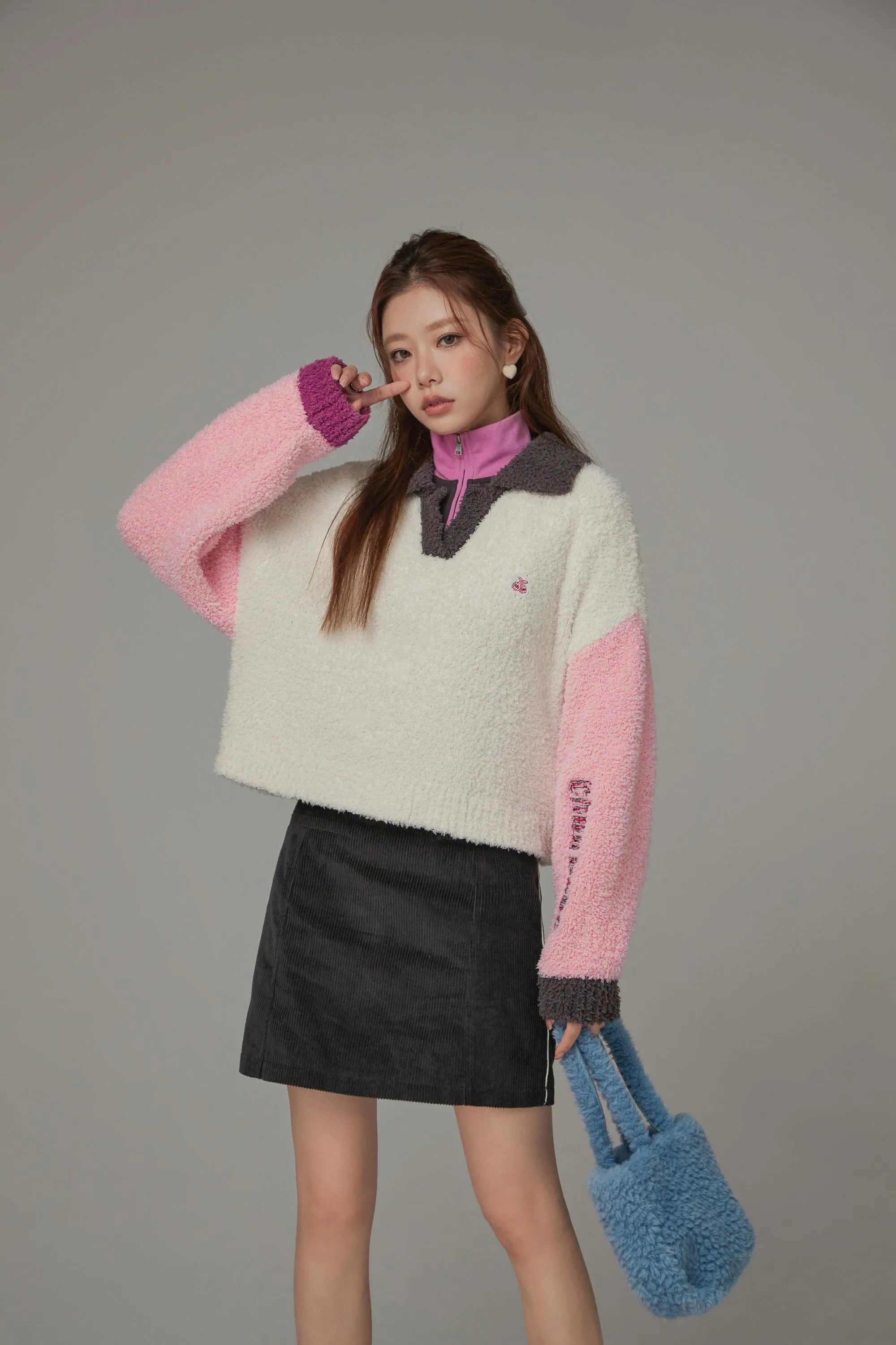 Multi Color Fluffy Half-Zip Knit Sweatshirt