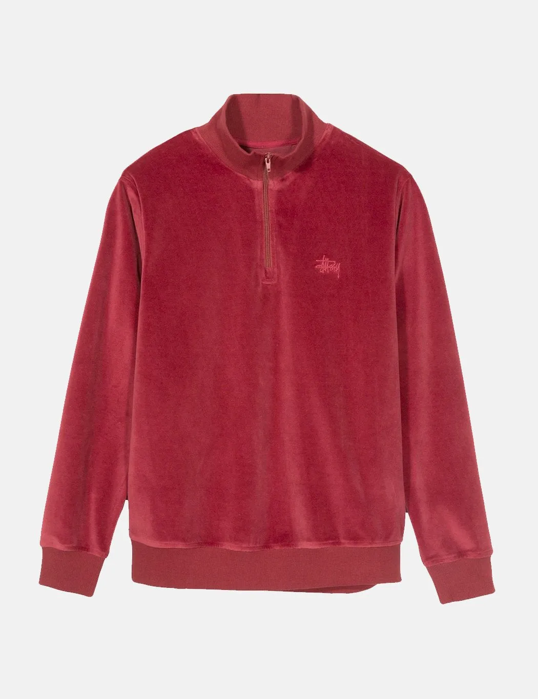 Stussy Velour Long Sleeve Zip Mock Sweatshirt - Maroon