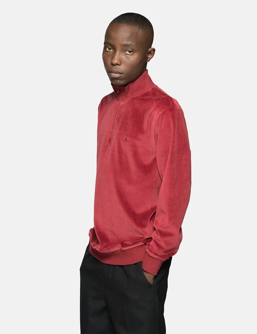 Stussy Velour Long Sleeve Zip Mock Sweatshirt - Maroon