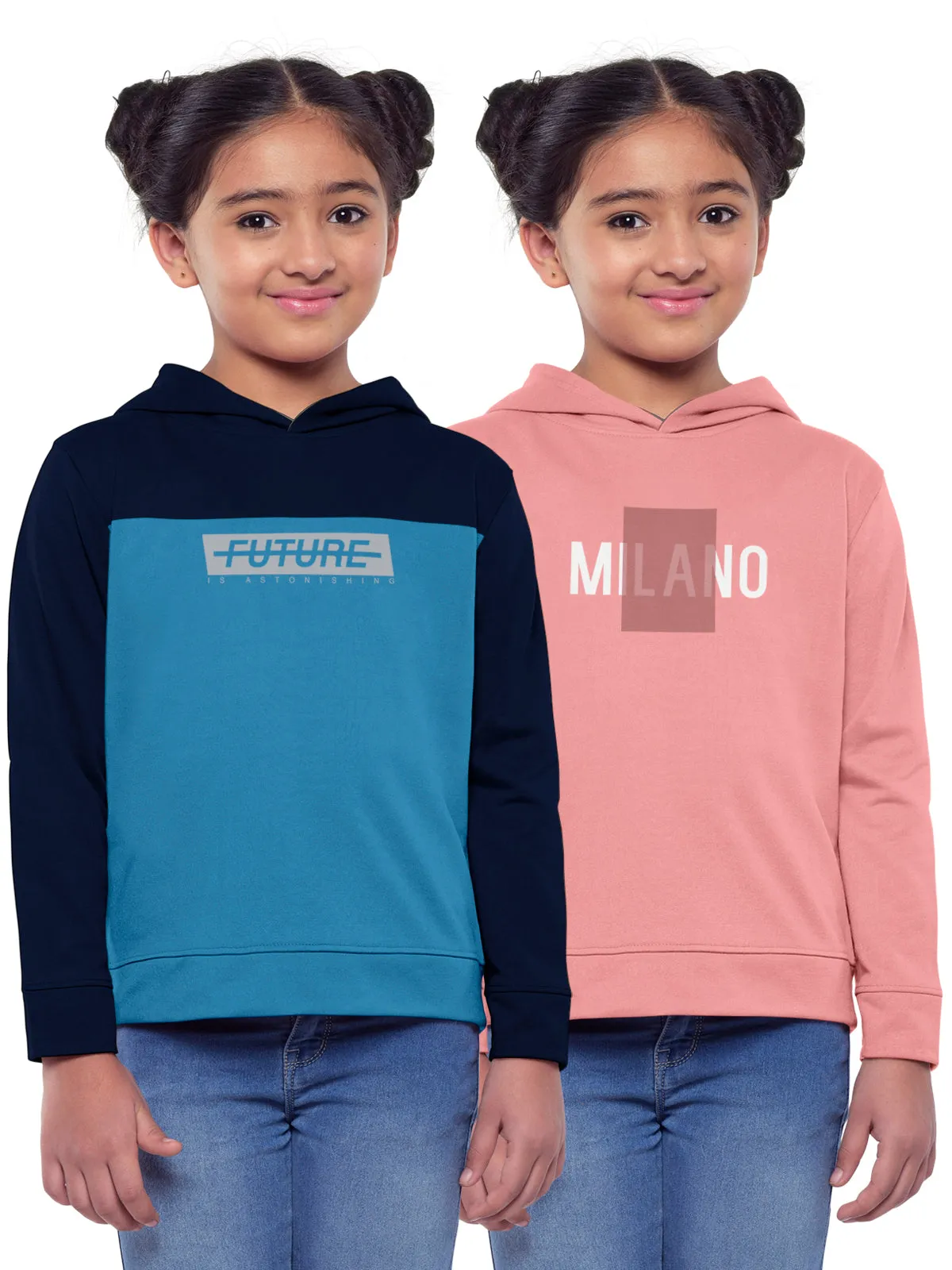 Trendy Printed Full Sleeve / Long Sleeve Hooded Sweatshirt for Girls - Pack of 2