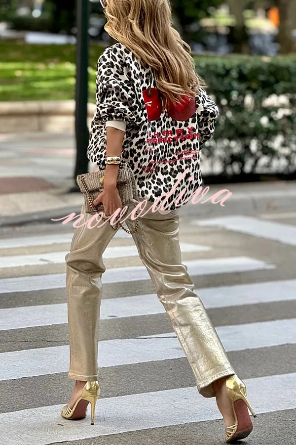 Unique Modern Feel Leopard and Cherry Print Casual Sweatshirt