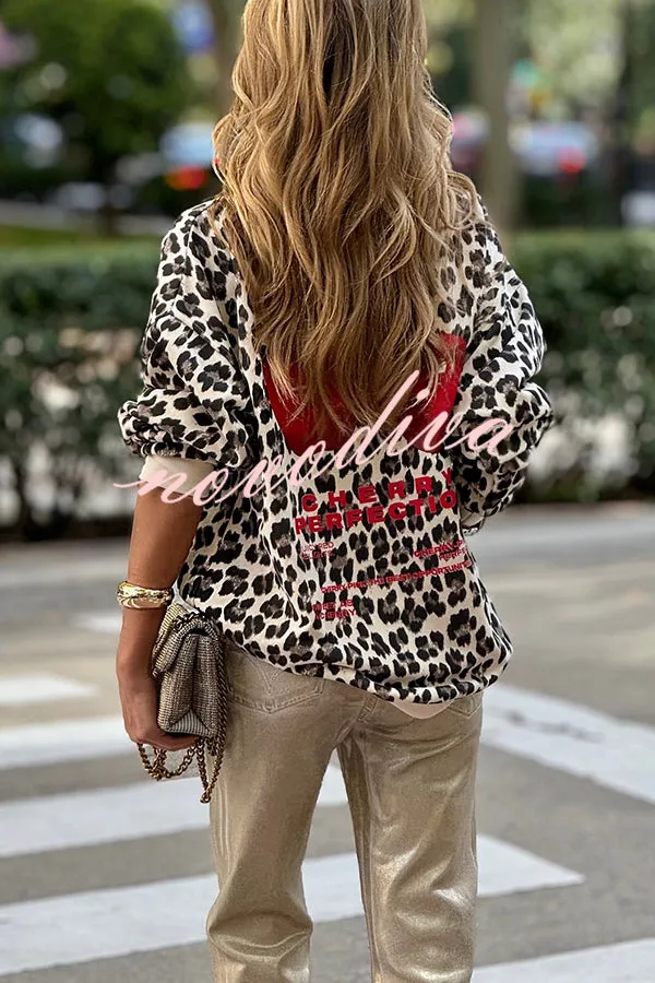 Unique Modern Feel Leopard and Cherry Print Casual Sweatshirt