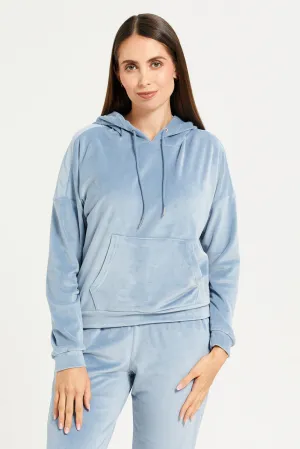 Women Blue Velvet Hooded Sweat Shirt