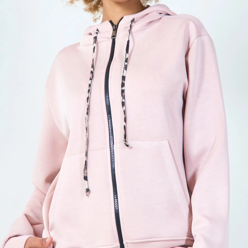 Zip-up hoodie with animal print drawstring wholesale